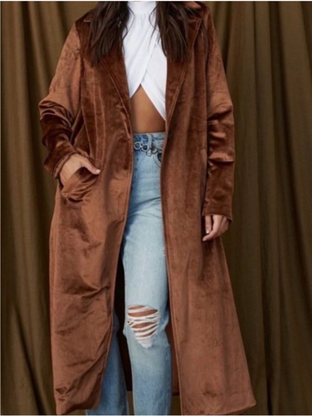 12th Tribe Long Brown Velvet Trench Coat
